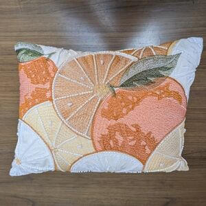 Pier 1 Beaded & Embroidered Peach Lemon Orange Fruit Pillow Size 15" x 11. 5"